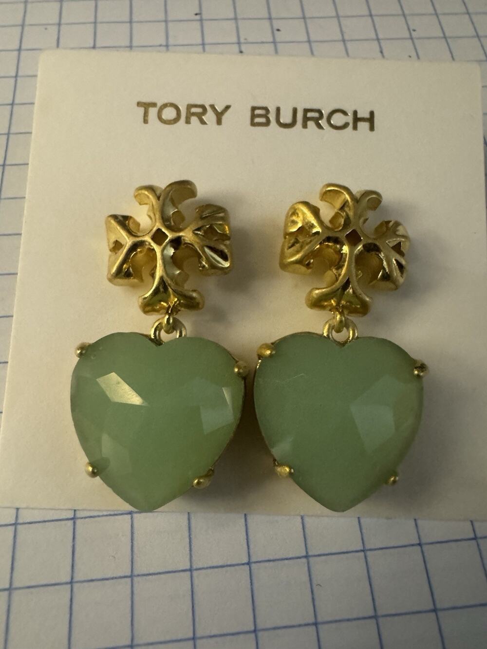 Tory Burch ROXANNE Big 1.4" HEART EARRINGS Rolled Brass Olive Green (NEW)